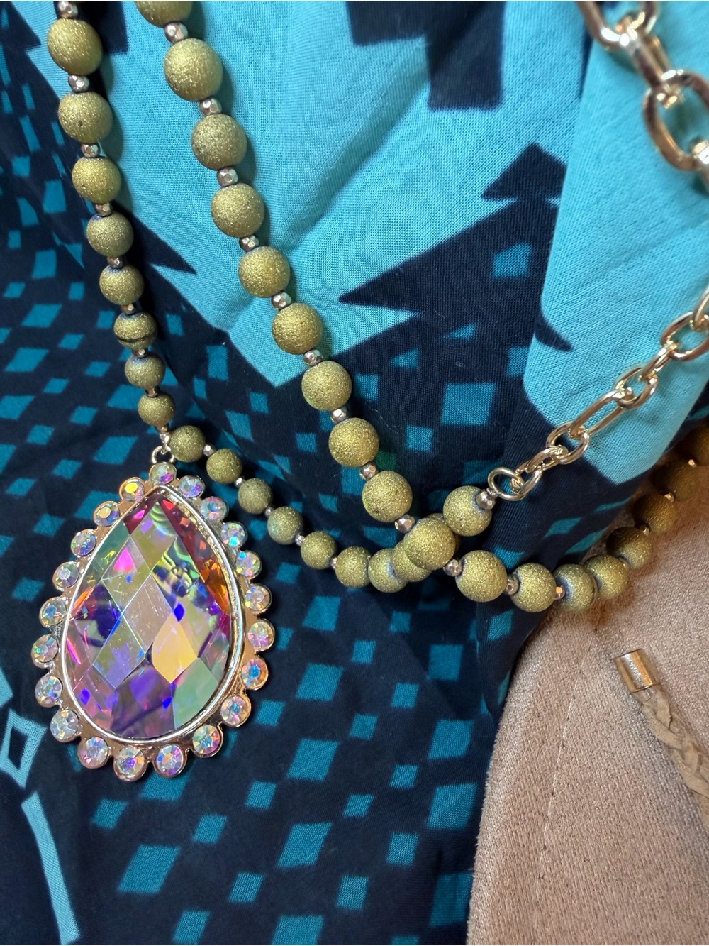 3 strand Layered Beaded Necklace with Iridescent Crystal Teardrop Pendant
